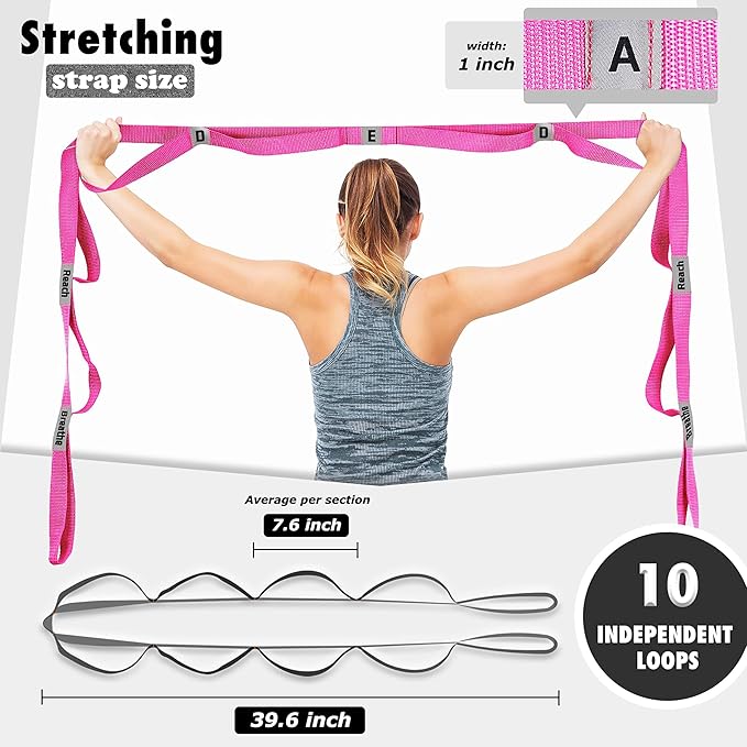 Stretching Strap Yoga Strap with 10 Loops, Non-Elastic Stretch Band for Physical Therapy, Flexibility, Exercise, Pilates, Dance & Gymnastics Workout - Bloomnest