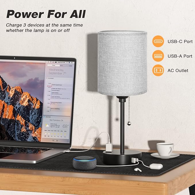 Grey Nightstand Lamps 3 Color Temperatures - 3000K 4000K 5000K Bedside Lamps with USB C and A Ports, Pull Chain Table Lamps with AC Outlet, Small Lamps with Black Metal Base for Sleeping Reading - Bloomnest