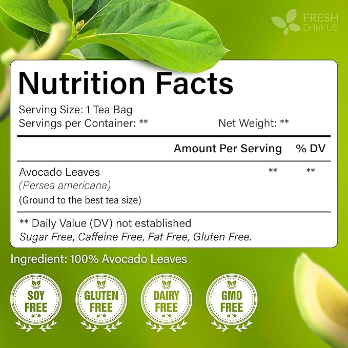 FreshDrinkUS, Avocado Leaf Tea Bags | 40 Count | Premium Dried Avocado Leaves Herbal Tea – Caffeine Free Botanical Tea – Fresh, Smooth & Earthy Flavor. Sugar Free. Vegan - Bloomnest