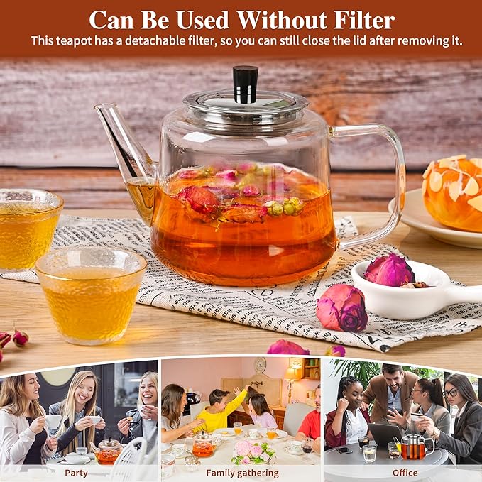 Glass teapot with infuser, Ehugos 1000ml(33oz) Stovetop Safe Hand Crafted Clear Glass Teapot with Removable Infuser for Loose Leaf Tea and Blooming Tea - Bloomnest
