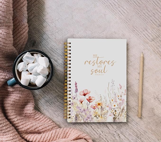 Christian Notebook for Women, Christian Art Gifts Journal, Prayer Journal for Women, Bible Journaling Notebook, PSALM 23:3 He Restores My Soul Floral Spiral Notebook 5.5x8.3 - Bloomnest