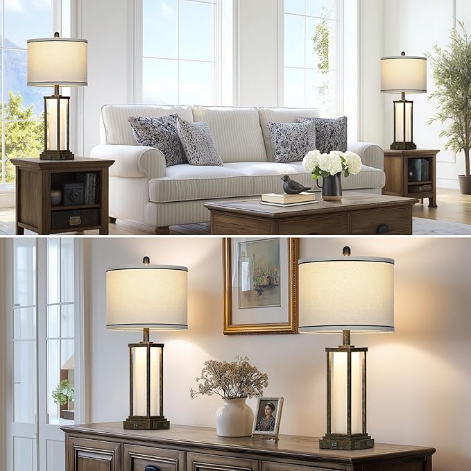 27in Tall Farmhouse Table Lamp Set of 2 with USB C+A & Outlet,Bronze Industrial End Table Lamp for Living Room,Vintage Rustic Bedside Lamps with Night Light for Bedroom Nightstand,Bronze - Bloomnest