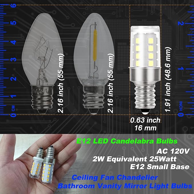 25 Watt Equivalent LED Decorative Candelabra Bulbs Daylight White 6000K 2 Watt 300lm E12 Small Base Idear for Ceiling Fan Chandelier Bathroom Vanity Mirror Light Dryer Drum Bulbs, Non-Dimmable, 4 Pack - Bloomnest