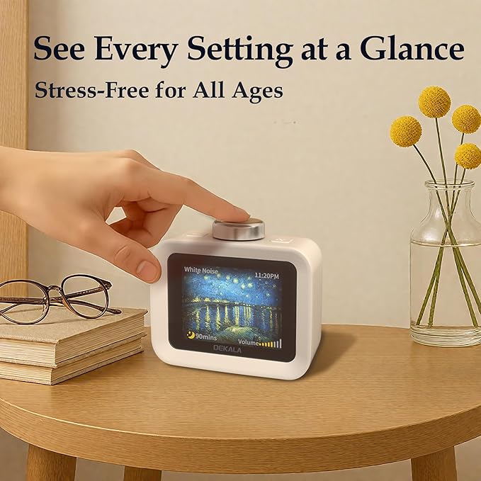 Dekala AuraDot White Noise Sound Machine for Sleep w/Temperature Humidity Monitor, 30 Non-Loop Soothing Sounds, Timer/Play All Night, IPS Screen Sleep Animation, 7-Day Programmable 4 Alarm Clock