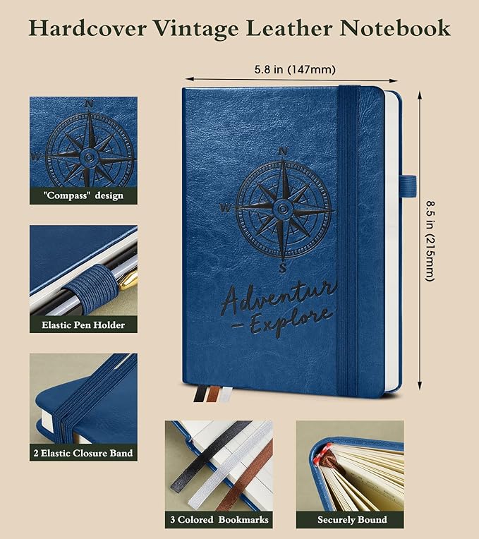 PAIBAS Graph Notebook for Women Men, 160 Pages Grid Paper, Graphing Notebooks for School, Work, Quad Ruled, Inner Pocket, A5 Hardcover Vintage Leather Journals for Writing, 5.8"x8.5" (Navy) - Bloomnest