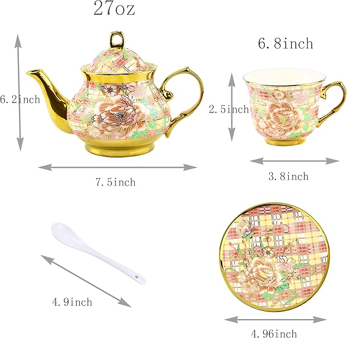 20 Pieces Porcelain Tea Set With Metal Holder, European Ceramic tea set for adults,Flower Tea Set,Tea Set For Women With Flower Painting(Large version, Red) - Bloomnest