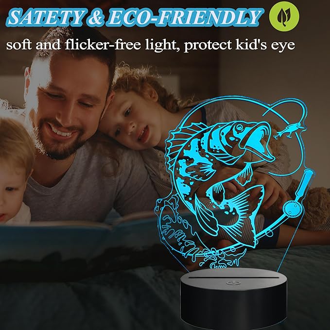 Fish Night Light, Fish 3D Illusion Lamp, Go Fishing Man Gifts with 16 Colors Changing, Timer, 4 Flash Modes and Dimmable, Kids Room Decoration, Xmas Fishing Gifts - Bloomnest