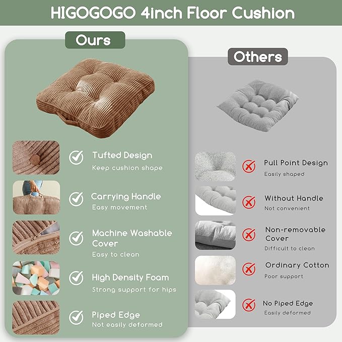 Washable Floor Pillow Cushion for Adults, Meditation Cushion Pillow, Large Square Floor Sitting, Removable Tufted Corduroy Cover, for Tatami Living Room or Yoga, 22x22 Inch, 2Pack, Machine Washable - Bloomnest