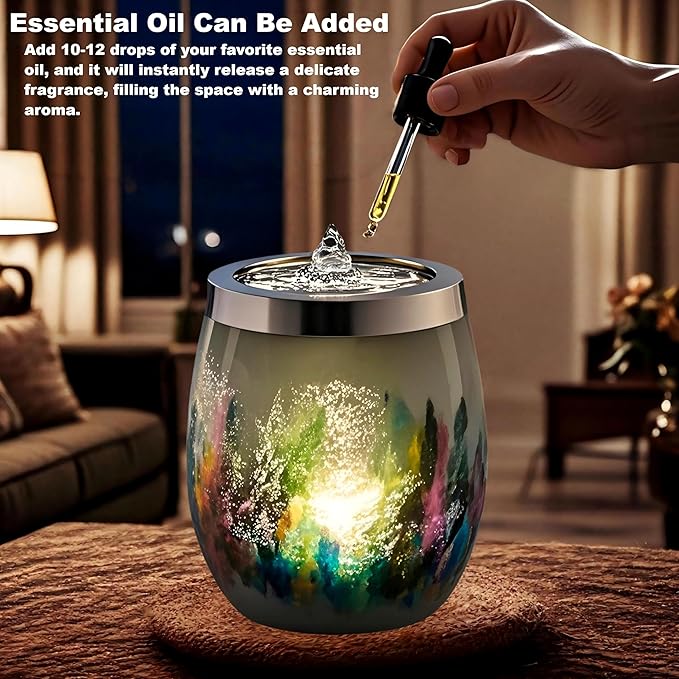 VOREEN Handblown Glass Tabletop Fountain - Art Glass Indoor Fountain with Cool White Ambient Glow - Optional Aromatherapy for Home, Spa, Office Décor - Grey - Bloomnest