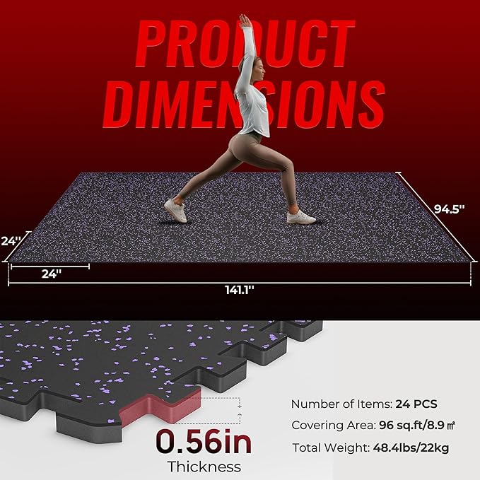 SUPERJARE 0.56'' Thick 24 Pcs 96 Sq Ft Rubber Top Exercise Equipment Mats, High Density EVA Foam Mats with Rubber Top, Interlocking Gym Flooring for Home Gym, Protective Workout Mat, Black/Purple - Bloomnest