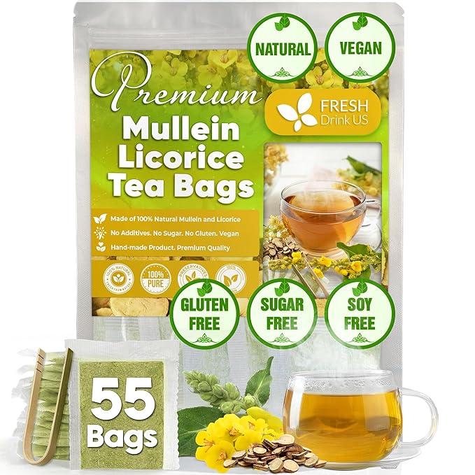 FreshDrinkUS, Premium 55 Mullein Licorice Tea Bags, 100% Natural, Blend of Mullein Leaves, and Licorice Root. Made with Natural Material Tea Bags. No Sugar, Vegan. - Bloomnest