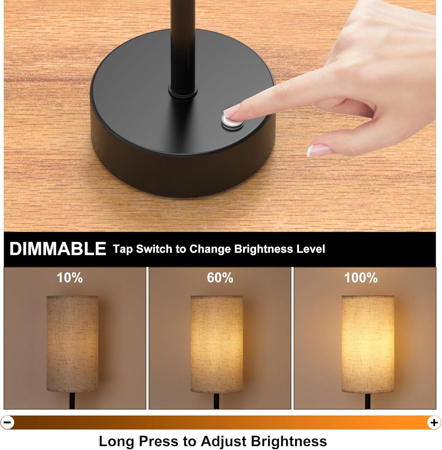 ROTTOGOON Cordless Table Lamp Touch Control Dimmable Small Bedside Table Lamps with Oatmeal Fabric Shade 5000mAh Rechargeable Battery Powered Desk Lamp for Bedroom,Home,Office,Dorm-Black