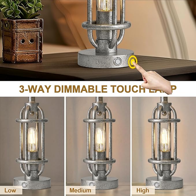 23.75'' Table Lamps Set of 2 for Living Room Bedroom Industrial Farmhouse Metal Touch Lamps with USB A+C Ports, Night Light Vintage Nightstand Bedside Lamp, Bulbs Included, Antique Silver - Bloomnest