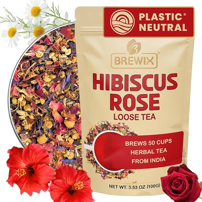 BREWIX, Hibiscus Rose Herbal Loose Tea (50+ Cups) | 100% Natural, Handmade, Pure from Hibiscus Flowers | Hibiscus with Rose Petals, Chamomile and Exotic Spices | Supports Everyday Wellness, Digestion and Cardiovascular System | Rich in Antioxidants & S... - Bloomnest