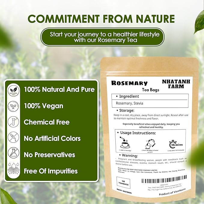 NHAT ANH FARM Premium Rosemary Tea Bags, 40 Count, 100% Natural Dried Rosemary Leaves, Naturally Sweet Herbal Tea, Sugar-Free, Caffeine-Free, No Additives - Bloomnest