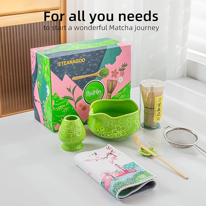 TEANAGOO 7-PCS Green Matcha Whisk Set with Cherry Blossom Design, Complete Ceremony Kit, Ceramic Chawan Bowl with Spout, Whisk & Accessories, Traditional Matcha Tea Set for Lattes& Gift Giving - Bloomnest