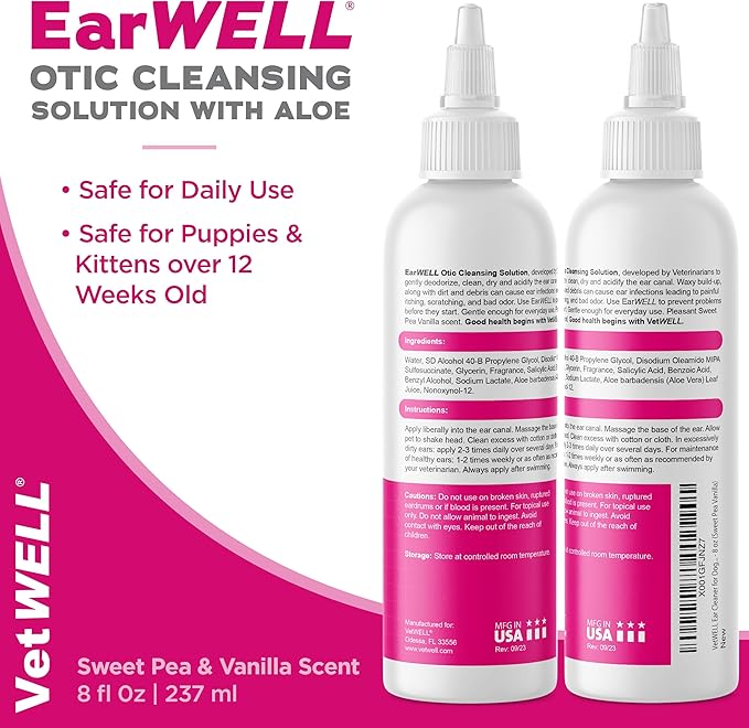 VetWELL Ear Cleaner for Dogs and Cats - Otic Rinse for Infections and Controlling Ear Infections and Odor in Pets - 8 oz (Sweet Pea Vanilla) - Bloomnest