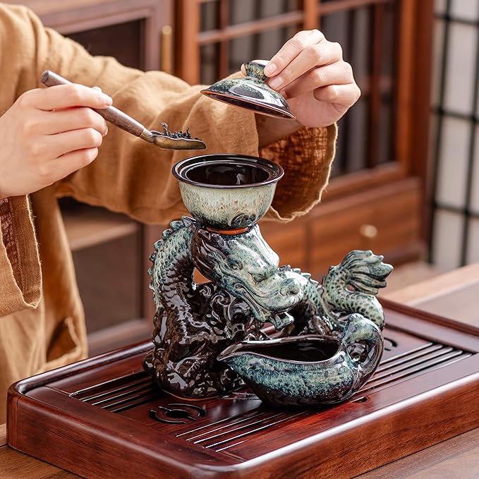 Ceramic Teapot with Infuser Semi Automatic Tea Set Magic Teapot with 8 cups Gradient Color (Gradient Dragon- C) - Bloomnest