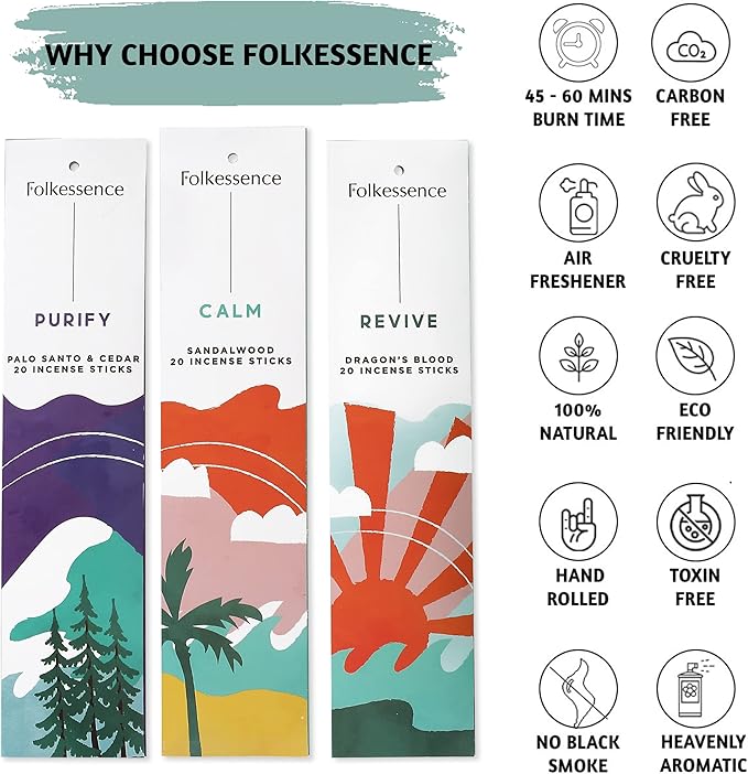 Folkulture Incense Sticks (120 Sticks) | Set of 6 Premium Incense For Calm, Aromatherapy, Daily Use| No Charcoal,Organic, Non Toxic, 45 Mins, Long Burning Lavender, Patchouli,Sandalwood Insence-Sticks FOLKULTURE