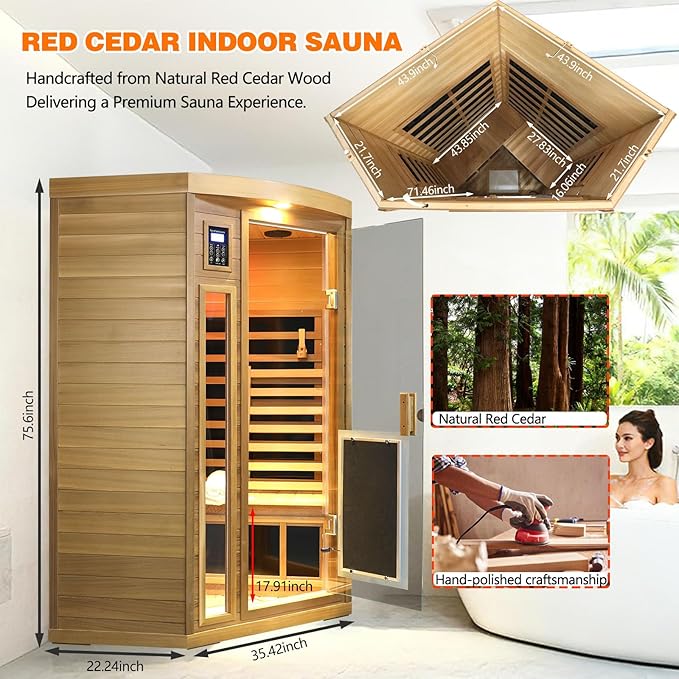 2-3 Person Corner Far Infrared Sauna for Home, 1760W Ultra-Low EMF（0-1mG） Indoor Red Cedar Wood Sauna Room with 8 Heating Panels, Dual Control Panel, Bluetooth Speaker & Chromotherapy Lights KUNSANA