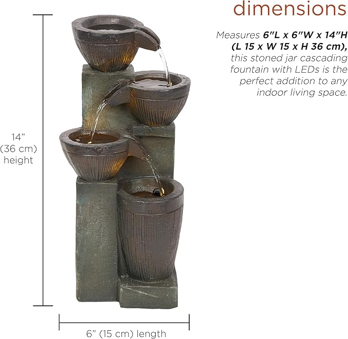Alpine Corporation TZL416 14" Stoned Jar Water Fountain with Cascading LED Lights, Stylish Tabletop Water Feature for Home, Office, Living Room, Bedroom & Desk Decor, Gray - Bloomnest