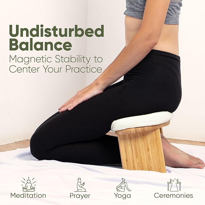 Meditation Chair w/ Extra Thick Cushion - Portable Bamboo Meditation Bench w/ Magnetic Locking Hinge - Anterior Tilt Seiza Bench Ideal for Comfortable & Stable Meditation - Sleek Canvas Kneeling Chair - Bloomnest