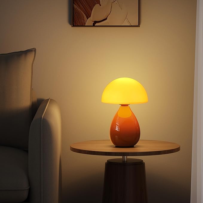 Mushroom Lamp Table Lamp, Mini Modern Lamp Bedside Nightstand Light Desk Cute Small Light Dimmable for Bedroom, Living Room, Ceramic Base Glass Led Home Decor for Woman Children Gifts - Bloomnest