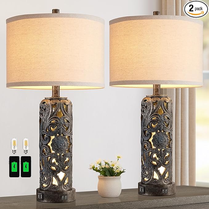 RORIANO 25'' Set of 2 Rustic Table Lamp for Bedroom Living Room with 2 USB Ports, Farmhouse Vintage Resin Nightstand Lamp with Nightlight, Antique Retro Desk Lamp for Entryway, 2 Bulbs Included - Bloomnest