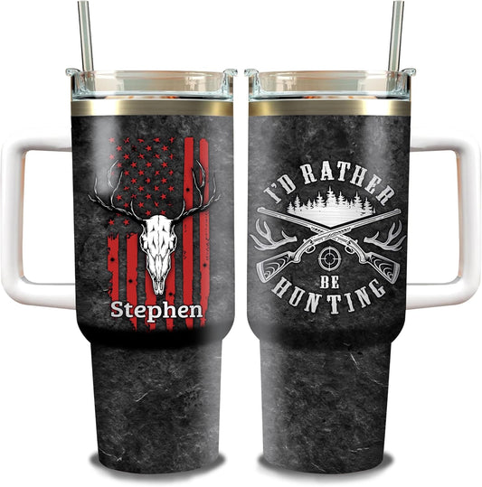 WAZONE Personalized Hunting American Flag 40oz Tumbler with Handle and Straw Stainless Steel Travel Coffee Cup I'D Rather Be Hunting Gift for Boyfriend Husband Dad On Birthday Christmas
