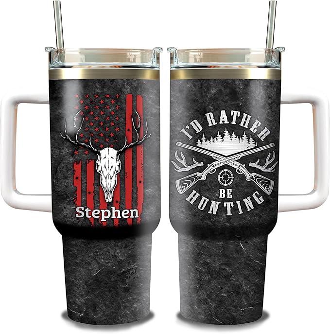 WAZONE Personalized Hunting American Flag 40oz Tumbler with Handle and Straw Stainless Steel Travel Coffee Cup I'D Rather Be Hunting Gift for Boyfriend Husband Dad On Birthday Christmas - Bloomnest