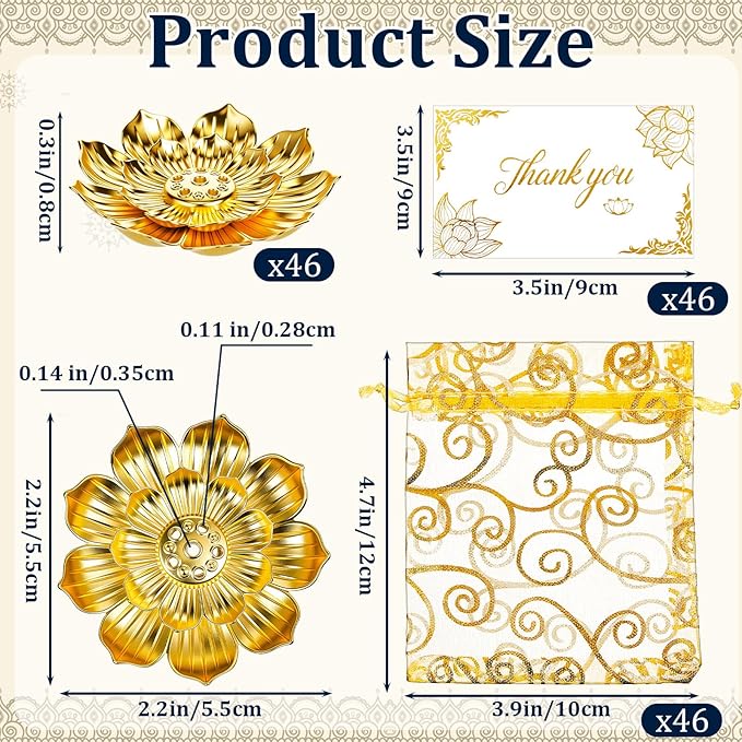 Amyhill 138 Pack Diwali Gifts Bulk, Lotus Incense Burner, Indian Return Gifts for Pooja Bulk, Stick Holder, Gold Double Layer Design with Organza Bags & Thank You Cards, Indian Return Gift (Golden) - Bloomnest