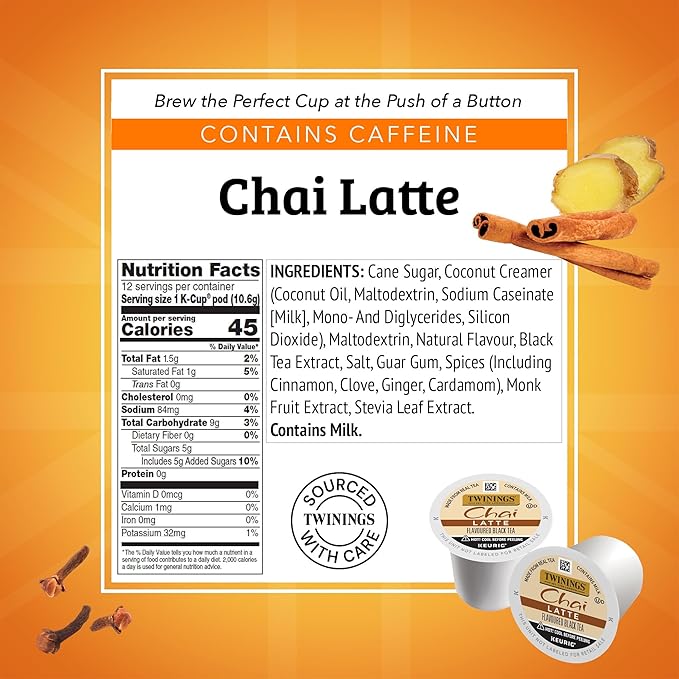 Twinings Chai Latte Black Tea 72 K-Cup Pods for Keurig, 12 Count (Pack of 6), Creamy, Slightly Sweet, Less Sugar, Caffeinated, Enjoy Hot or Iced - Bloomnest