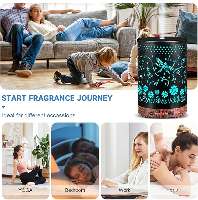 Essential Oil Diffuser 120ML Metal Aromatherapy Diffuser with Timer, Cool Mist Humidifier with Auto Shut-Off & 7 Color Lights for Home Office Spa (Dragonfly) - Bloomnest
