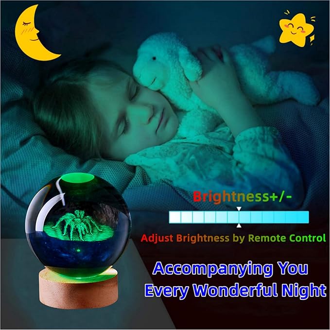 3D Large Spider Crystal Ball Night Light with Wooden Base, Crystal Lamp Gift for Kids Wife Friends, 16 Color Changing with Remote Control, Home Horror Decoration Glass Ball Lamp (Spider) - Bloomnest