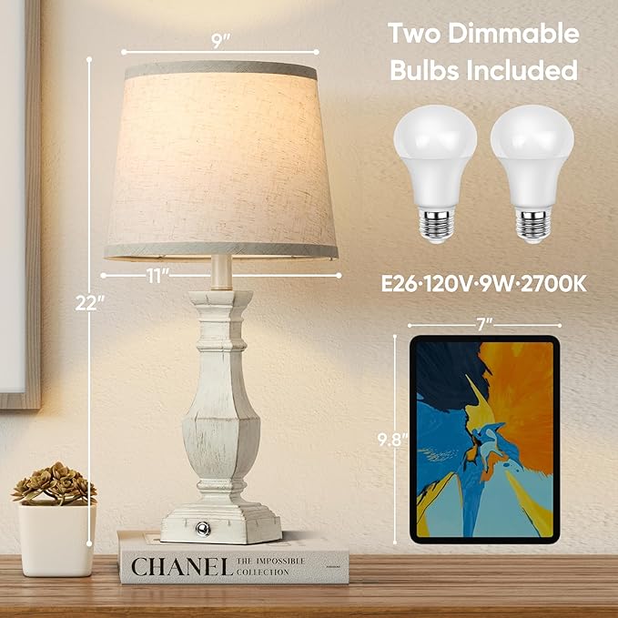 ROTTOGOON Dimmable Table Lamps Set of 2, Rustic Farmhouse Table Lamps for Living Room Bedroom, Bedside Desk Lamps for End Tables, Touch Lamps for Nightstand, 9W Bulbs Included, 22", Antique White - Bloomnest