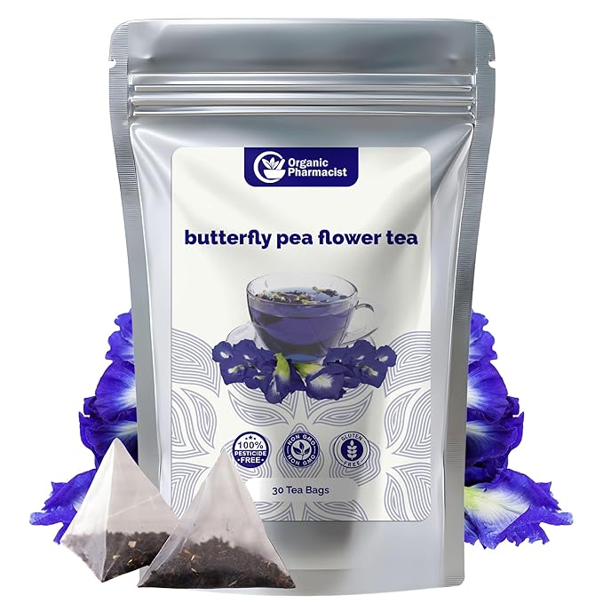 Organic Pharmacist Butterfly Pea Flower Tea Bags, Dried Purple Butterfly Flowers, Blue Butterfly Tea Bags, Vibrant Whole Flower Blue Herbal Tea with Antioxidants, Caffiene Free, 30 Count, 2.5g per bag - Bloomnest