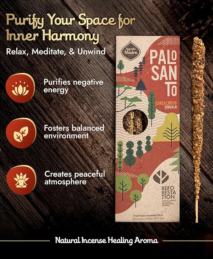 Sagrada Madre 4pcs Wildly Harvested Palo Santo Incense Sticks (Sandalwood), 6.7” Long - Non-Toxic, Aromatic Incense Sticks (50 min Approx. Burning Time) to Heal & Calm Your Body and Environment SagradaMadre