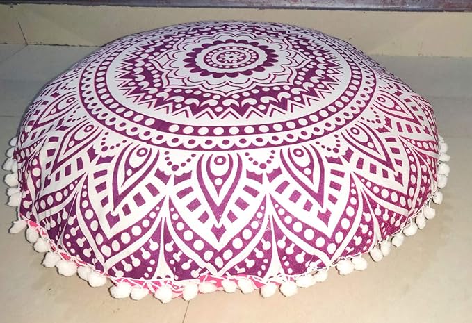 INDIAN CRAFT CASTLE 24" Pink Ombre Mandala Barmeri Large Floor Pillow Cover Cushion Meditation Seating Ottoman Throw Cover Hippie Decorative Zipped Bohemian Pouf Ottoman Pom Pom Cases 24" Round - Bloomnest