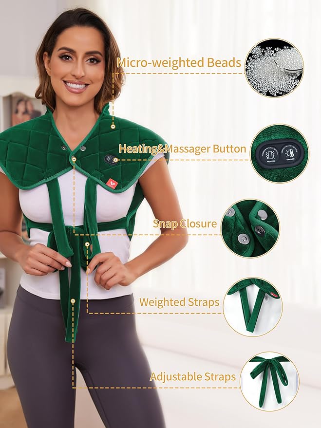 Vofuoti Heating Pad for Neck and Shoulders, Portable Cordless Heating Pad with Massager and Battery, Weighted Electric Heated Neck Shoulder Wrap, 16'' x 22'', 2.2lbs - Bloomnest