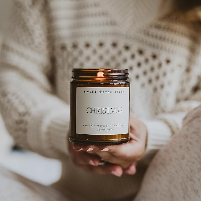 Sweet Water Decor Christmas Soy Candle | Apple Cider, Cinnamon, Clove, Fresh Cut Christmas Tree Scented Candles for Home | 9oz Amber Jar + Black Lid, 40+ Hour Burn Time, Made in The USA - Bloomnest
