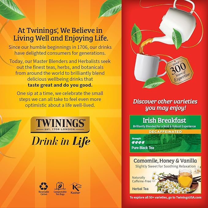 Twinings Decaffeinated English Breakfast Black Tea Individually Wrapped Bags, 25 Count (Pack of 6), Flavourful, Robust, Enjoy Hot or Iced, 150 Teabags - Bloomnest