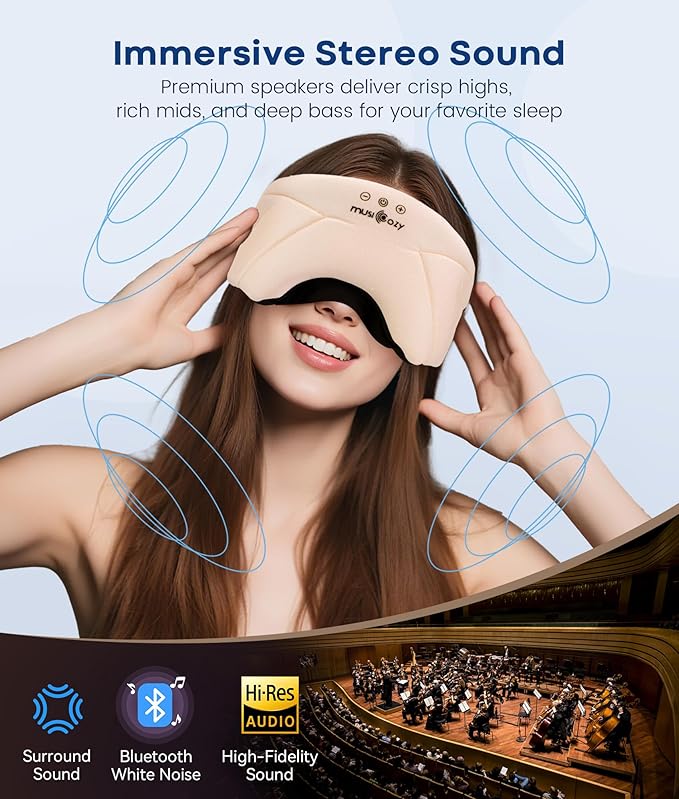 MUSICOZY Bluetooth Sleep Headphones 5.4, Wireless Over-Ear Headphones with Built-in HD Stereo Speakers, Cooling Eye Mask Design, 14H Playtime, Washable, for Side Sleepers, Travel & Relaxation - Bloomnest