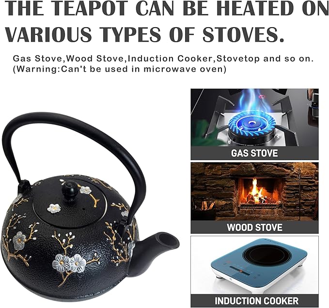 Cast Iron Tea Set with Cast Iron Warmer, Japanese Tetsubin 60.9oz Large Teapot Set with Infuser for Loose Tea, Heavy Tea Kettle for Stovetop Safe, Asian Elegant Durable Teaset Gift - Bloomnest