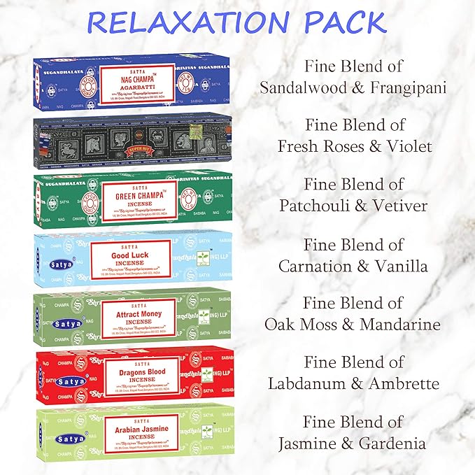 Satya Incense Sticks Gift Set, 7 Scents, Nag Champa, Dragon's Blood, Arabian Jasmine, Super Hit, Green Champa, Goodluck, Attract Money, 15g Each (Relaxation Mix) Satya