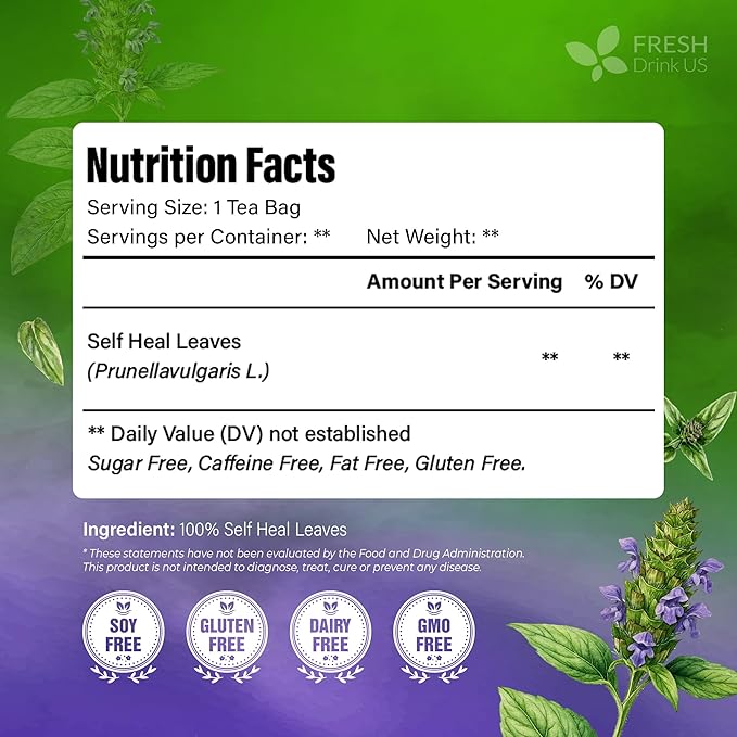FreshDrinkUS, Premium Self Heal Leaves Tea | 40 Tea Bags | Premium Dried Self Heal Herb for Herbal Tea – Naturally Caffeine-Free, Clean & Convenient Tea Bags. Sugar-Free. Vegan - Bloomnest