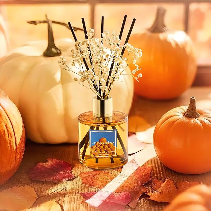 COCORRÍNA Reed Diffuser - Morton Pumpkin Harvest Reed Diffuser Set with 8 Sticks & Preserved Baby's Breath, Reed Diffuser for Home Bathroom Shelf Decor - Bloomnest