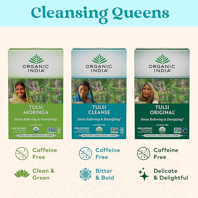 ORGANIC INDIA Tulsi Cleanse Tea - Holy Basil, Ginger, Turmeric, Herbal Tea, Stress Relieving & Cleansing, Immune Support, Adaptogen, Organic, Non-GMO, Caffeine-Free - 18 Infusion Bags, 3 Pack - Bloomnest