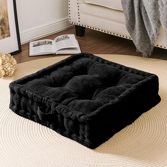 Wellsin Square Floor Pillows for Adults Kids - Meditation Floor Pillow Seating Cushion - Tufted Floor Cushion with Shredded Foam & Velvet Cover, 2 Pack, 20x20 Inch, Black - Bloomnest