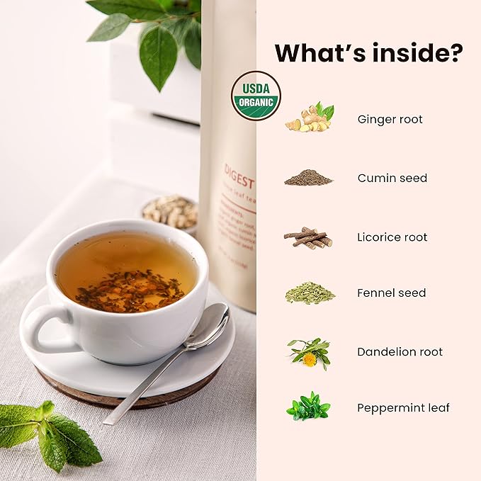 Gardenika Organic Digestive Loose Leaf Tea, Stomach Ease Herbal Caffeine-Free Leaves, Ayurvedic Blend with Dandelion Root, Ginger, Peppermint, Licorice – 4 oz - Bloomnest