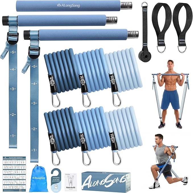 Upgraded Pilates Bar Kit with Resistance Bands Natural Latex for Women & Men, Heavy-Duty Stainless Steel Multifunctional Yoga Pilates Stick for Home Gym Exercise Fitness Equipment Full-Body Workouts - Bloomnest